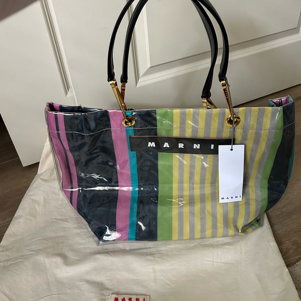 NWT Marni Multicolor Clear Overlay Striped PVC Tote — Green Pink Blue Gray - Picture 4 of 9
